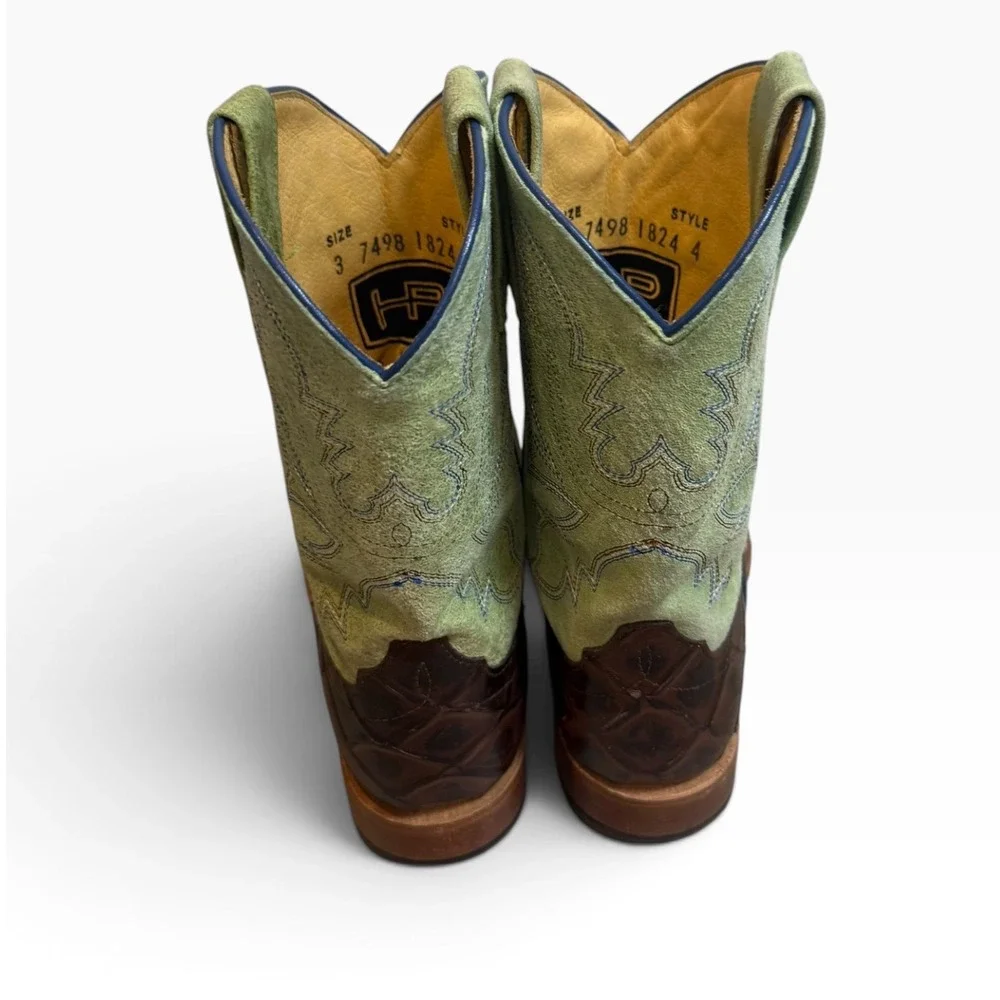 Horse Power Kids Cowboy Boots Brown Fish Print Green leather Square Toe Size 3
